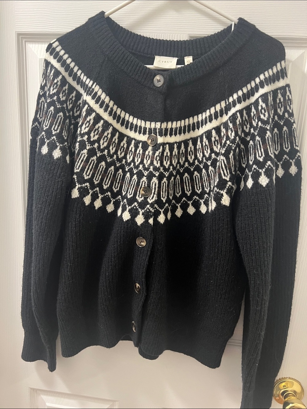 Cyrus Black and White Fair Isle Button-Front Cardigan